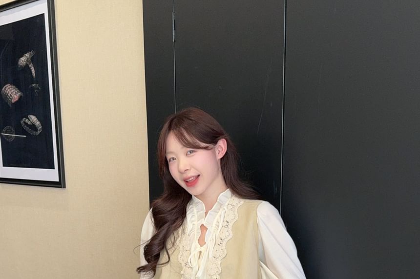 Ruffle Blouse and Lace Vest with Mini A-Line Skirt Set