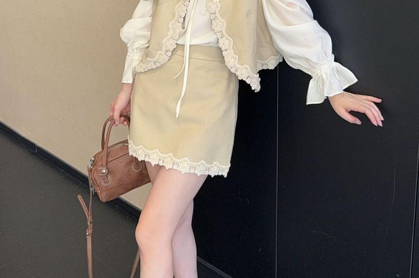 Ruffle Blouse and Lace Vest with Mini A-Line Skirt Set