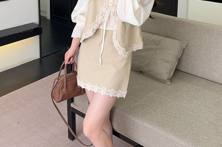 Ruffle Blouse and Lace Vest with Mini A-Line Skirt Set