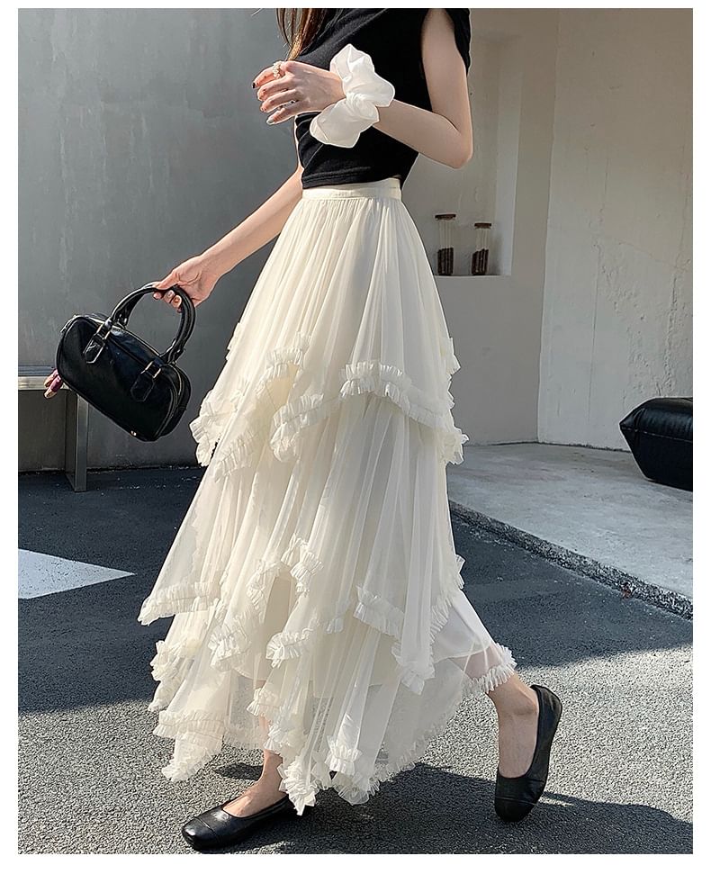 Tiered Maxi A-Line Skirt with Elastic Waist