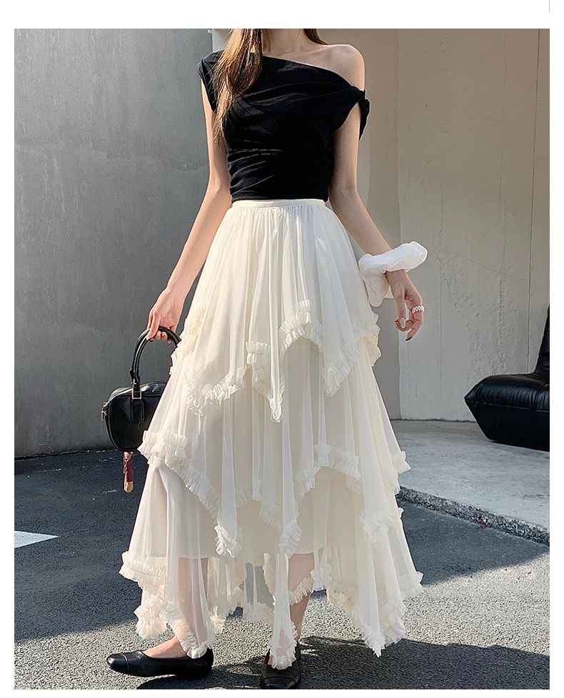 Tiered Maxi A-Line Skirt with Elastic Waist