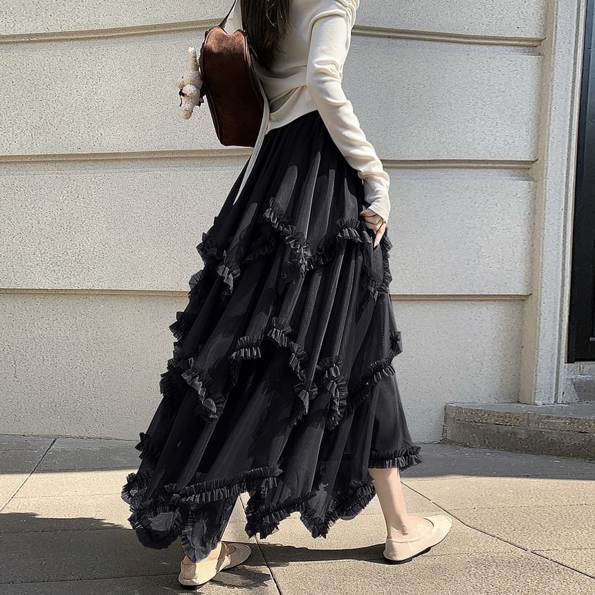 Tiered Maxi A-Line Skirt with Elastic Waist
