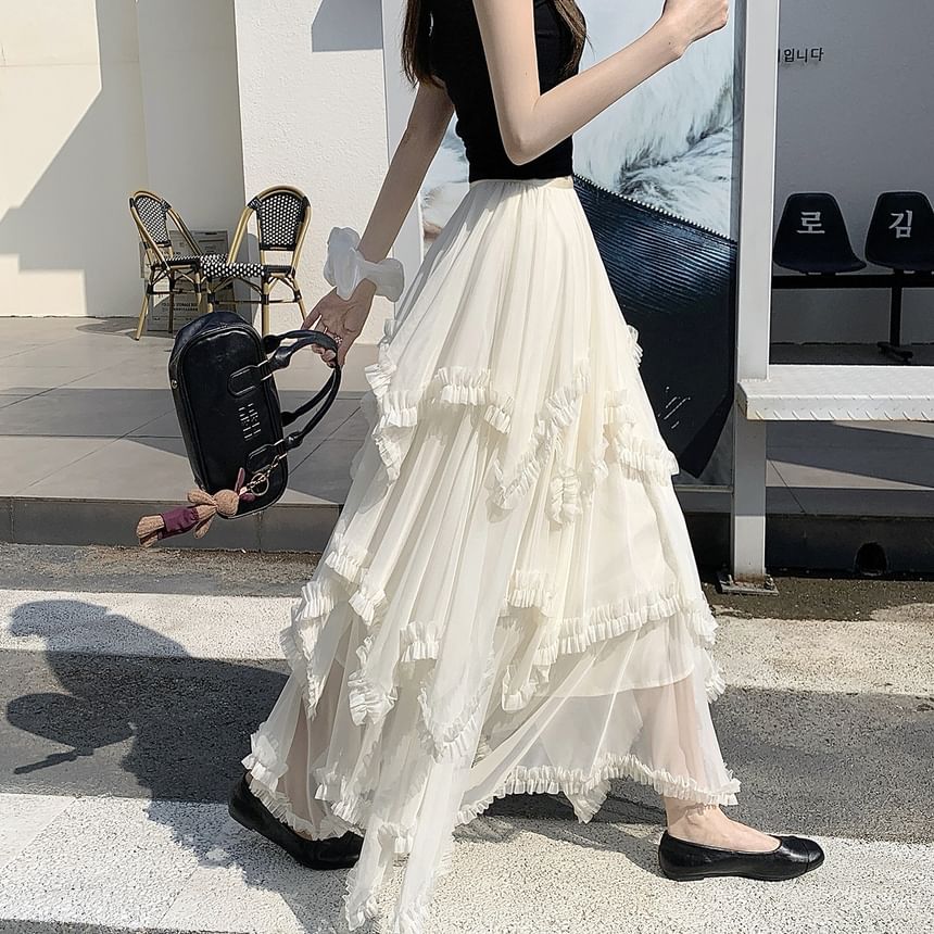 Tiered Maxi A-Line Skirt with Elastic Waist