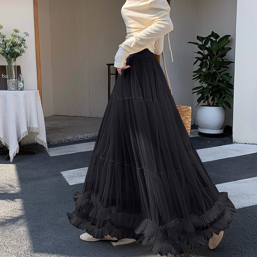 Sheer Ruffle Trim Maxi A-Line Skirt with Elastic Waist