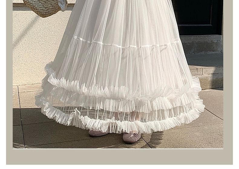 Sheer Ruffle Trim Maxi A-Line Skirt with Elastic Waist