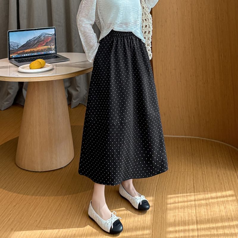 Elastic Waist Dotted Maxi A-Line Skirt