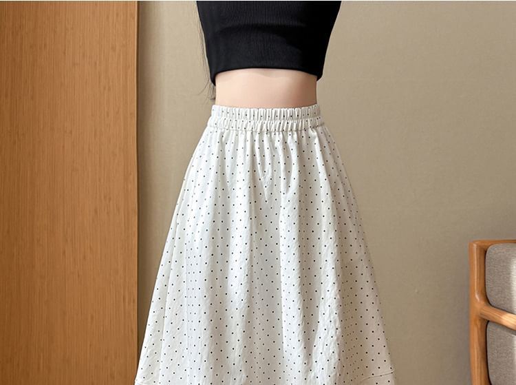Elastic Waist Dotted Maxi A-Line Skirt