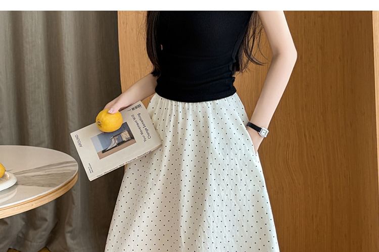Elastic Waist Dotted Maxi A-Line Skirt