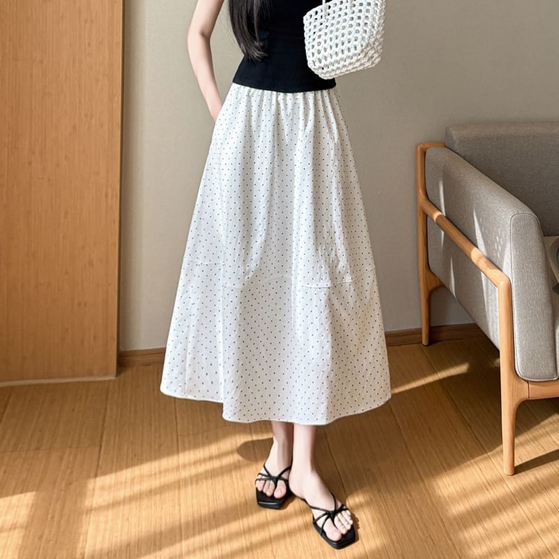 Elastic Waist Dotted Maxi A-Line Skirt