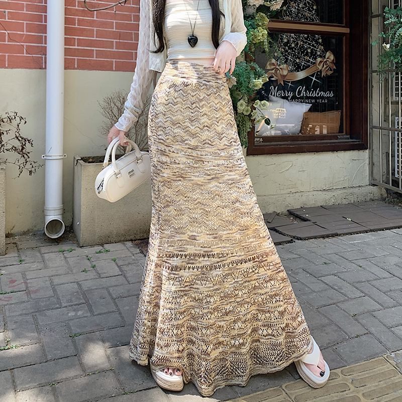 Mermaid Knit Maxi Skirt with Pointelle Pattern