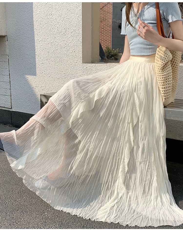 Black Pleated Maxi Skirt with Elastic Waist