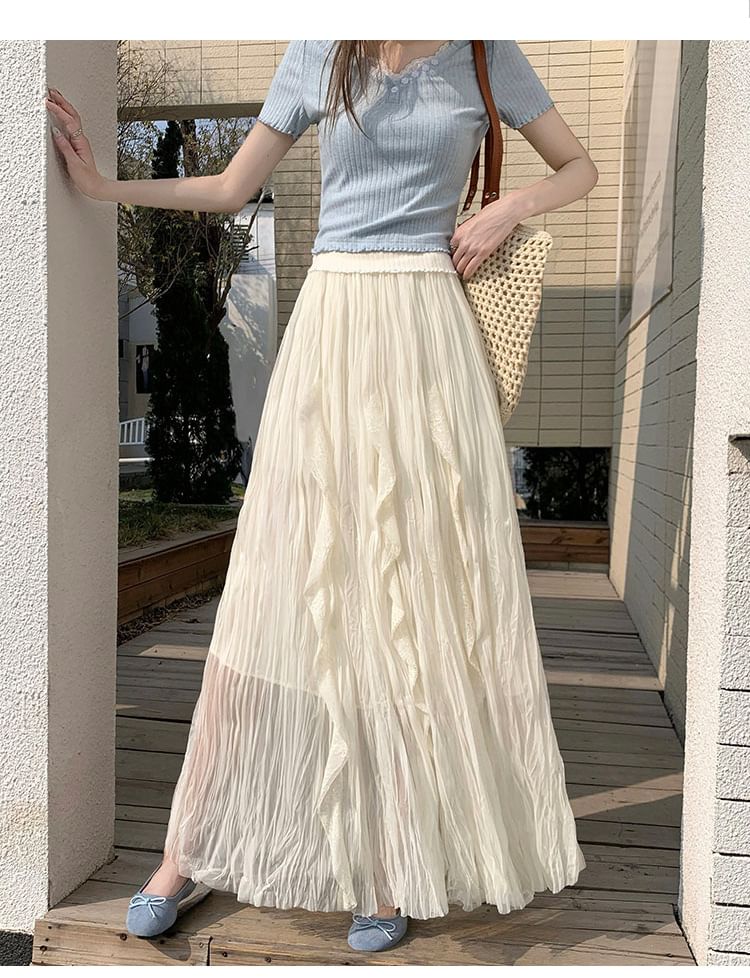 Black Pleated Maxi Skirt with Elastic Waist