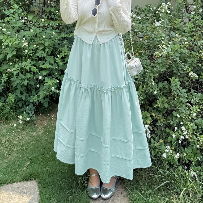 Plus Size Elastic Waist Frill Panel Maxi A-Line Skirt