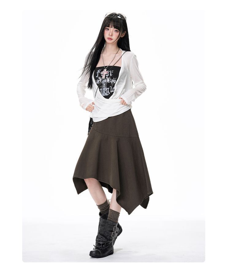 Plain Mid Waist Asymmetrical Midi A-Line Skirt