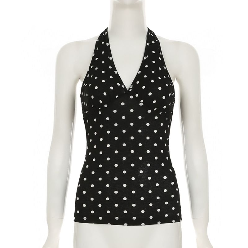 Polka Dot Halter Top Paired with Plain Mini Pencil Skirt