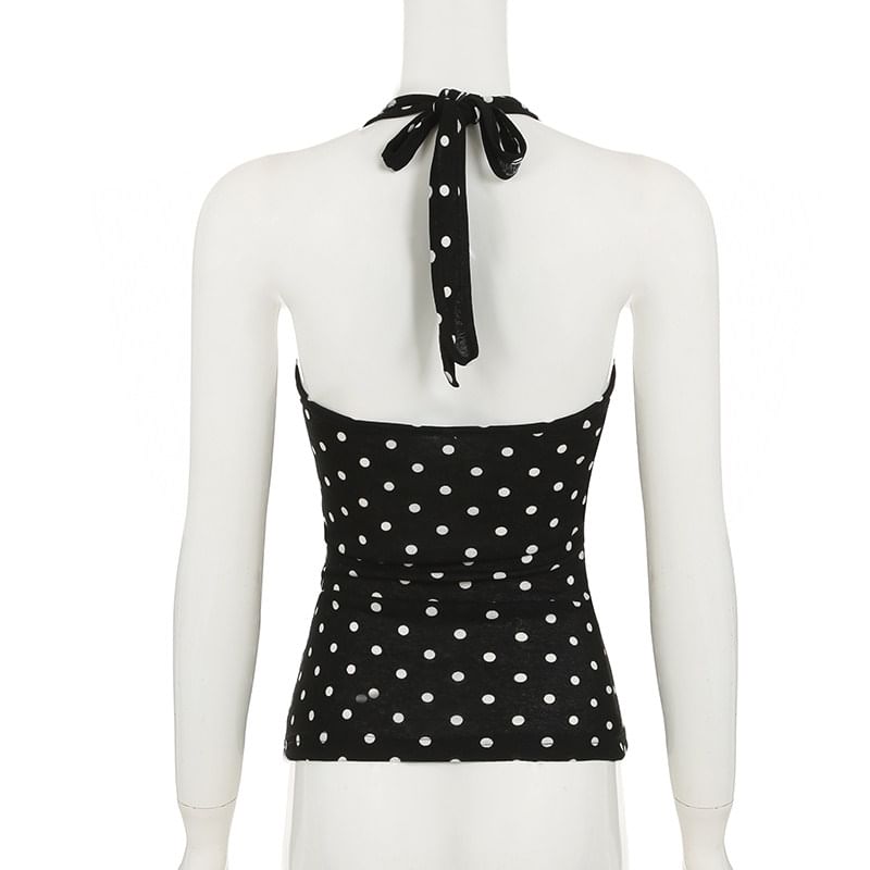 Polka Dot Halter Top Paired with Plain Mini Pencil Skirt