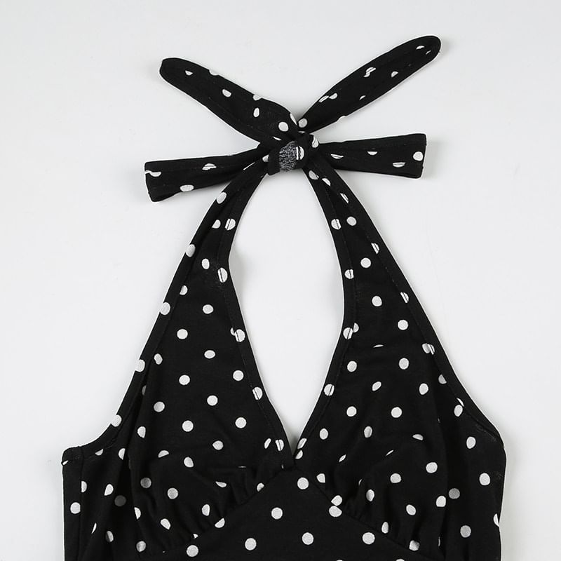 Polka Dot Halter Top Paired with Plain Mini Pencil Skirt