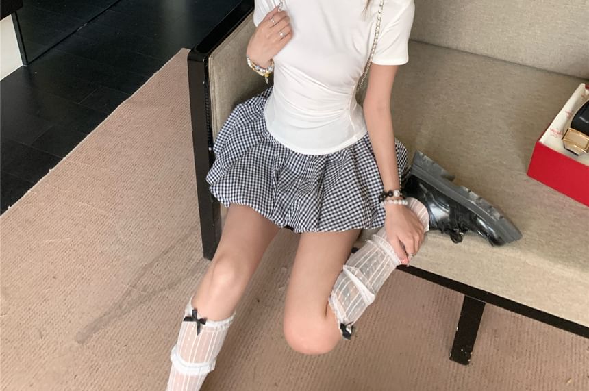 Ruched T-Shirt and Plaid Bubble Mini Skirt Set