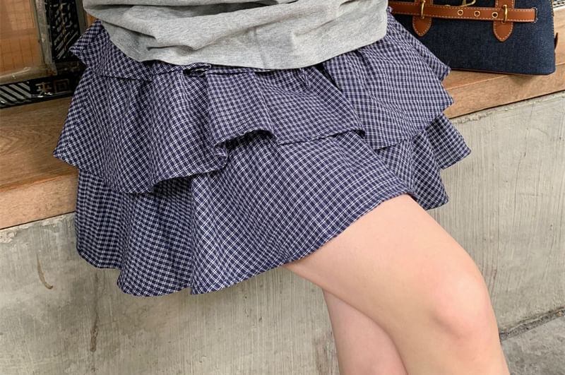 Mid Rise Plaid Mini Tiered Skirt
