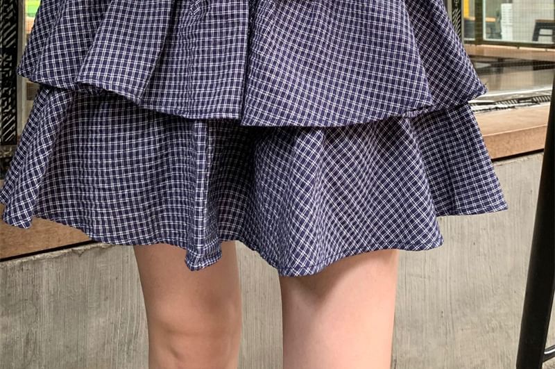Mid Rise Plaid Mini Tiered Skirt