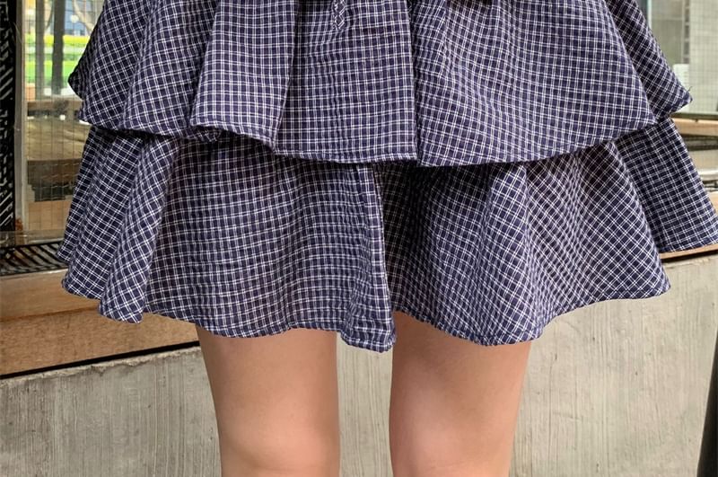 Mid Rise Plaid Mini Tiered Skirt