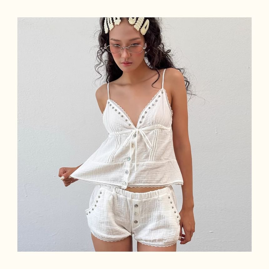 Studded Camisole with V-Neck and Matching Plain Shorts