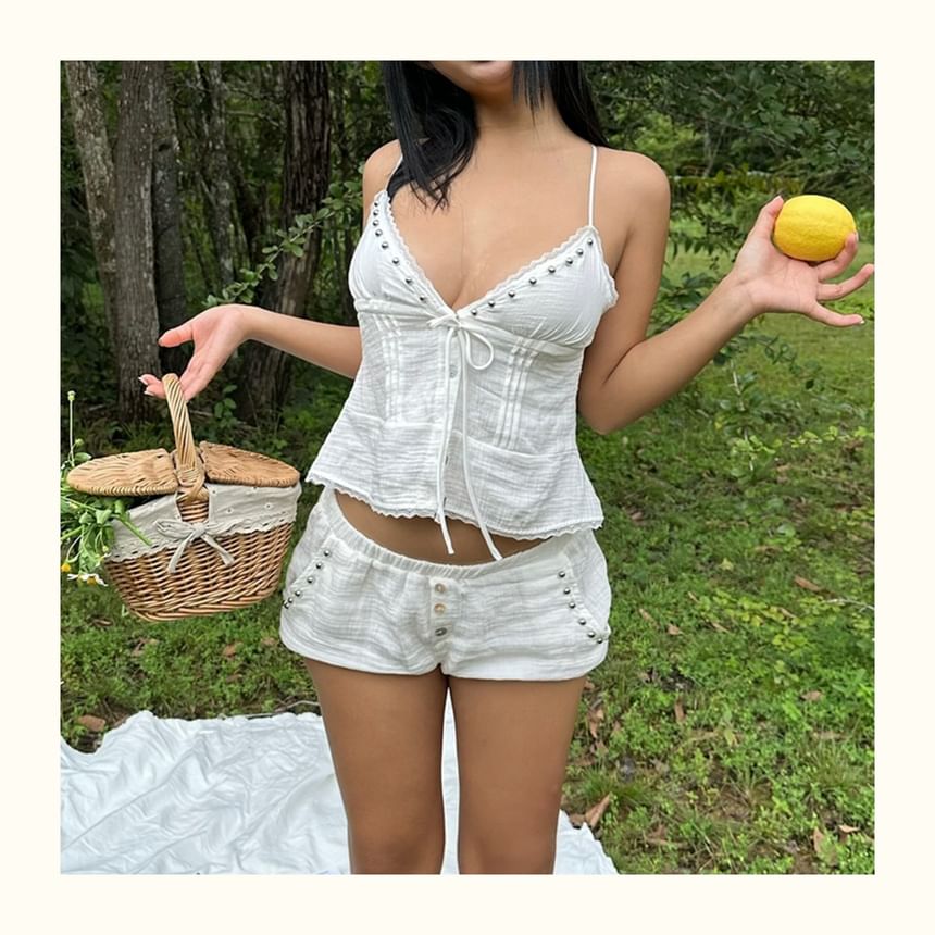 Studded Camisole with V-Neck and Matching Plain Shorts