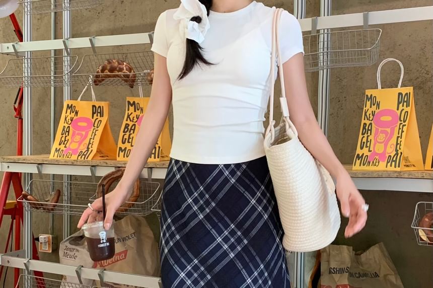 Mid Rise Plaid Maxi A-Line Skirt