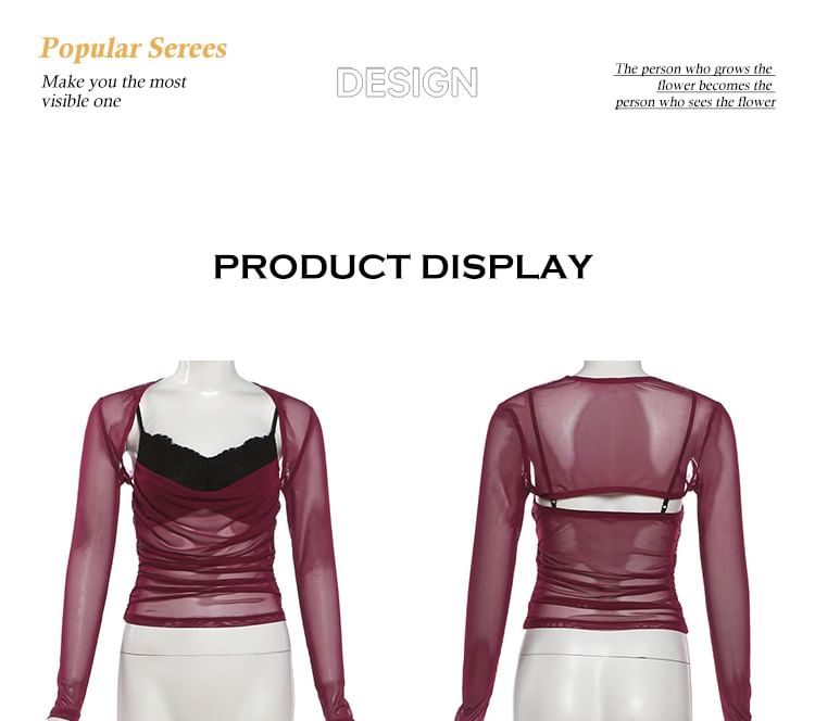 Two-Tone Mesh Camisole and Ruched Shrug Set with Skirt
