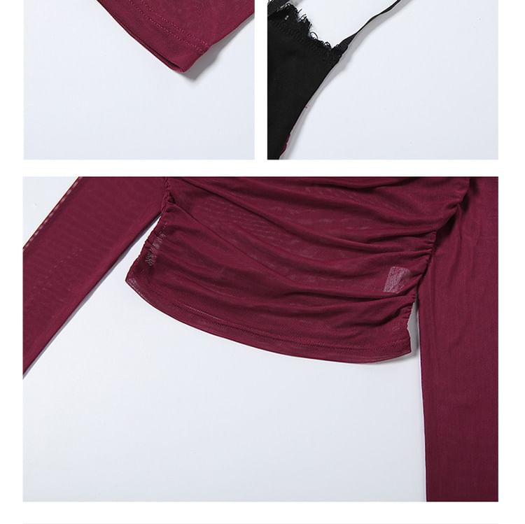 Two-Tone Mesh Camisole and Ruched Shrug Set with Skirt