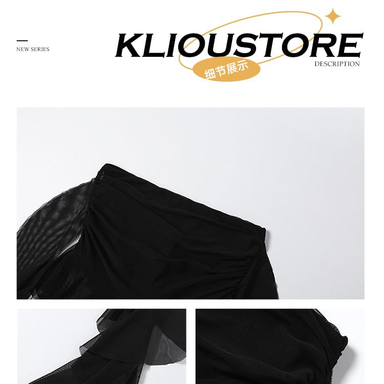 Two-Tone Mesh Camisole and Ruched Shrug Set with Skirt