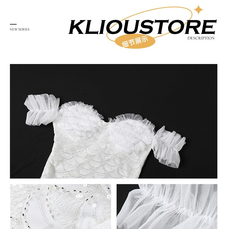 Off-Shoulder Sequin Lace Top and Ruffle Mesh Skirt Set