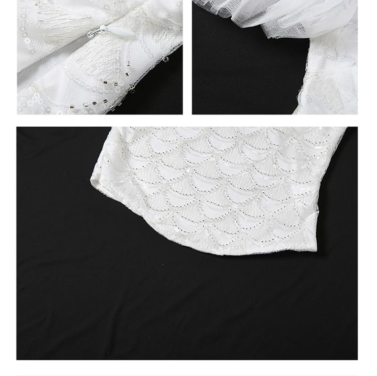 Off-Shoulder Sequin Lace Top and Ruffle Mesh Skirt Set