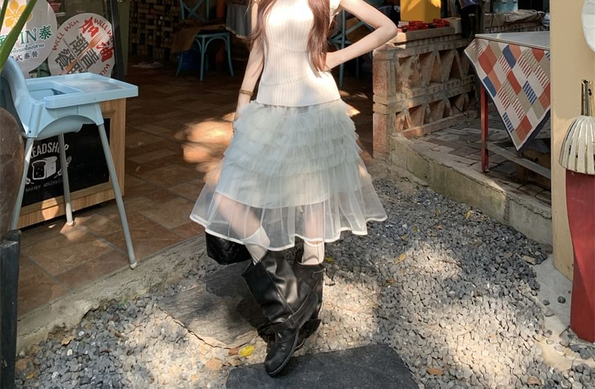 Knit Top and Overlay A-Line Skirt Set
