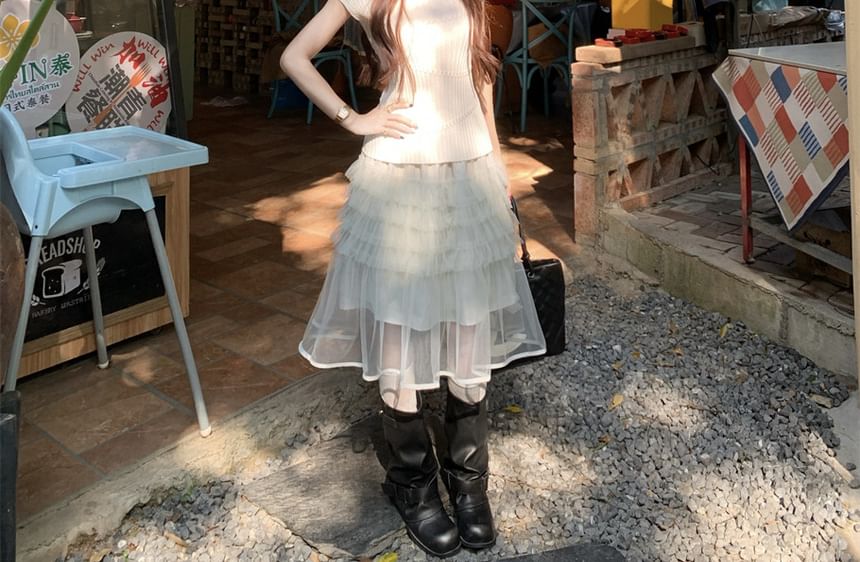 Knit Top and Overlay A-Line Skirt Set