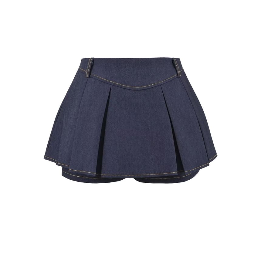Low Waist Washed Mini Pleated Denim Skirt