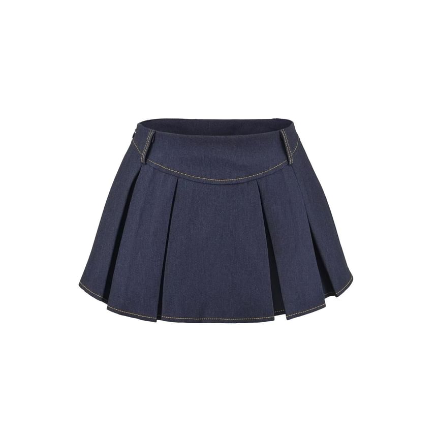 Low Waist Washed Mini Pleated Denim Skirt
