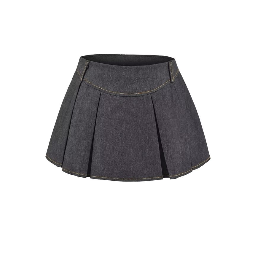 Low Waist Washed Mini Pleated Denim Skirt