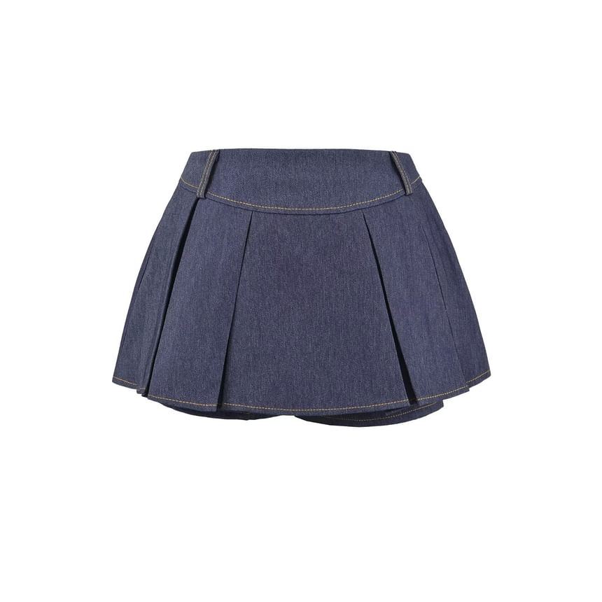Low Waist Washed Mini Pleated Denim Skirt