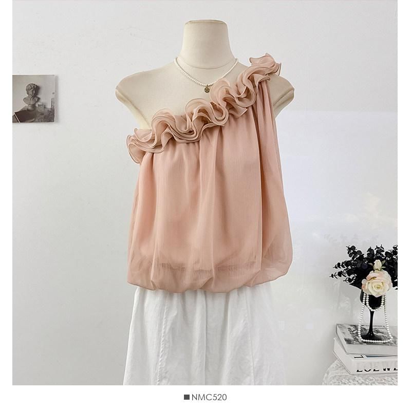 One-Shoulder Ruffle Hem Sleeveless Blouse