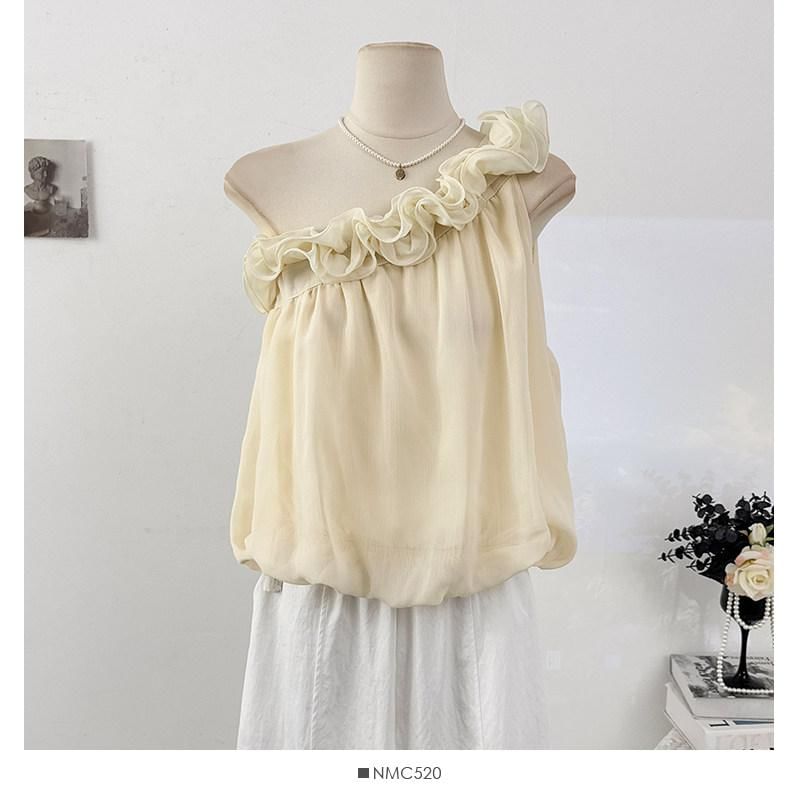 One-Shoulder Ruffle Hem Sleeveless Blouse