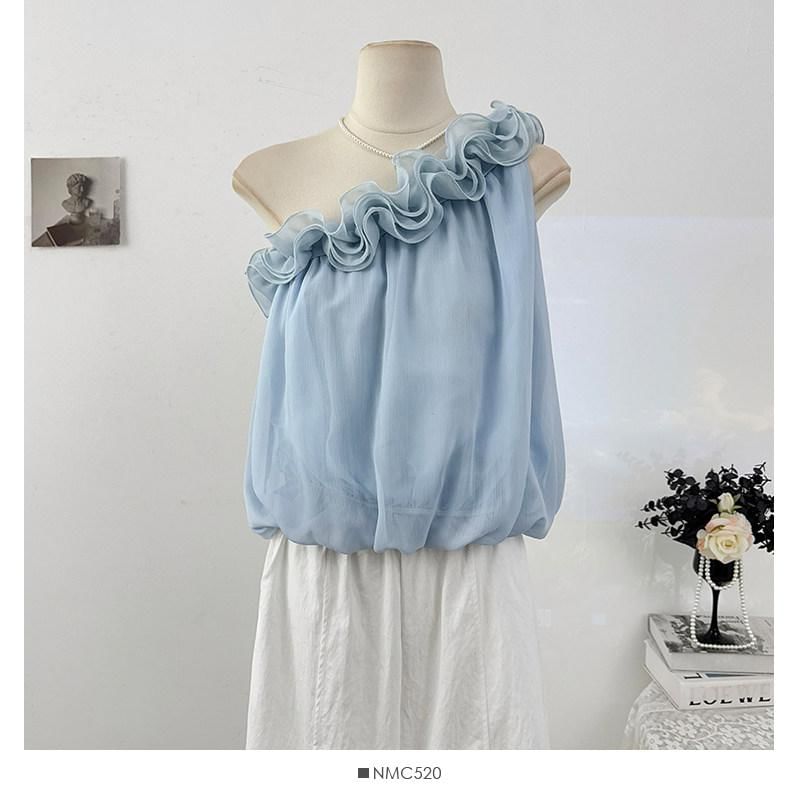 One-Shoulder Ruffle Hem Sleeveless Blouse