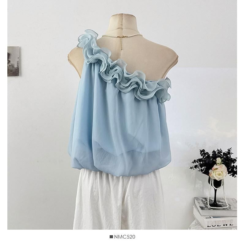 One-Shoulder Ruffle Hem Sleeveless Blouse
