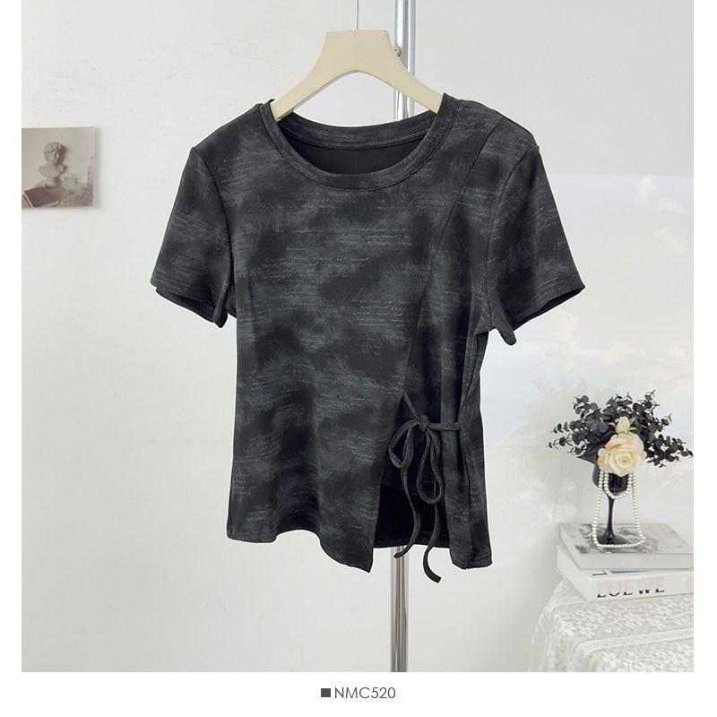Tie Waist Tie-Dye Round Neck Tee - Short Sleeve