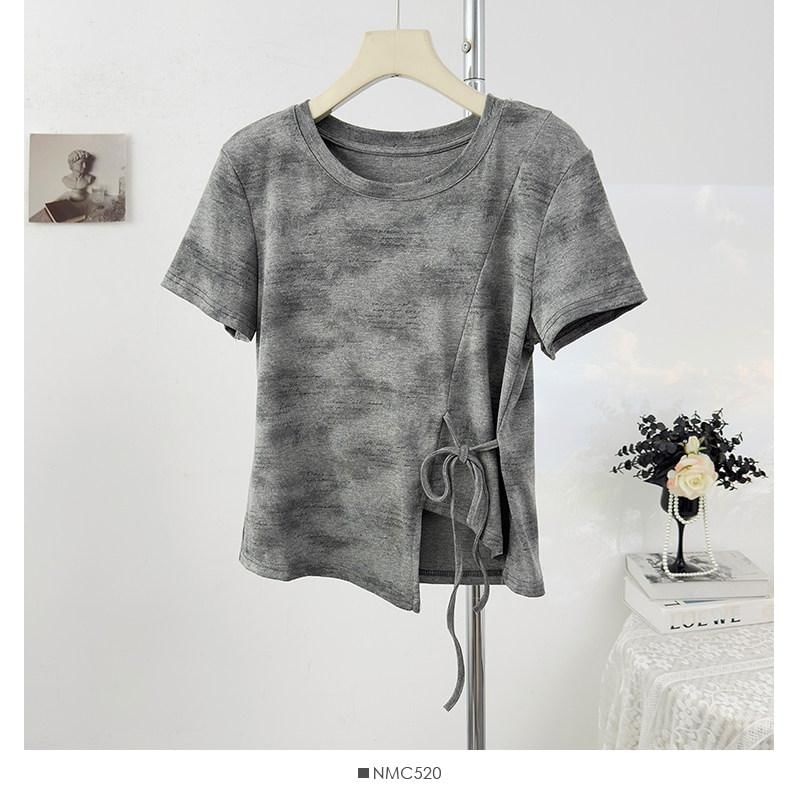 Tie Waist Tie-Dye Round Neck Tee - Short Sleeve