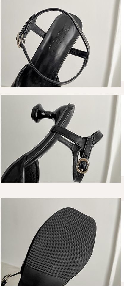 Square Toe Ankle Strap Kitten Heel Faux Leather Pumps
