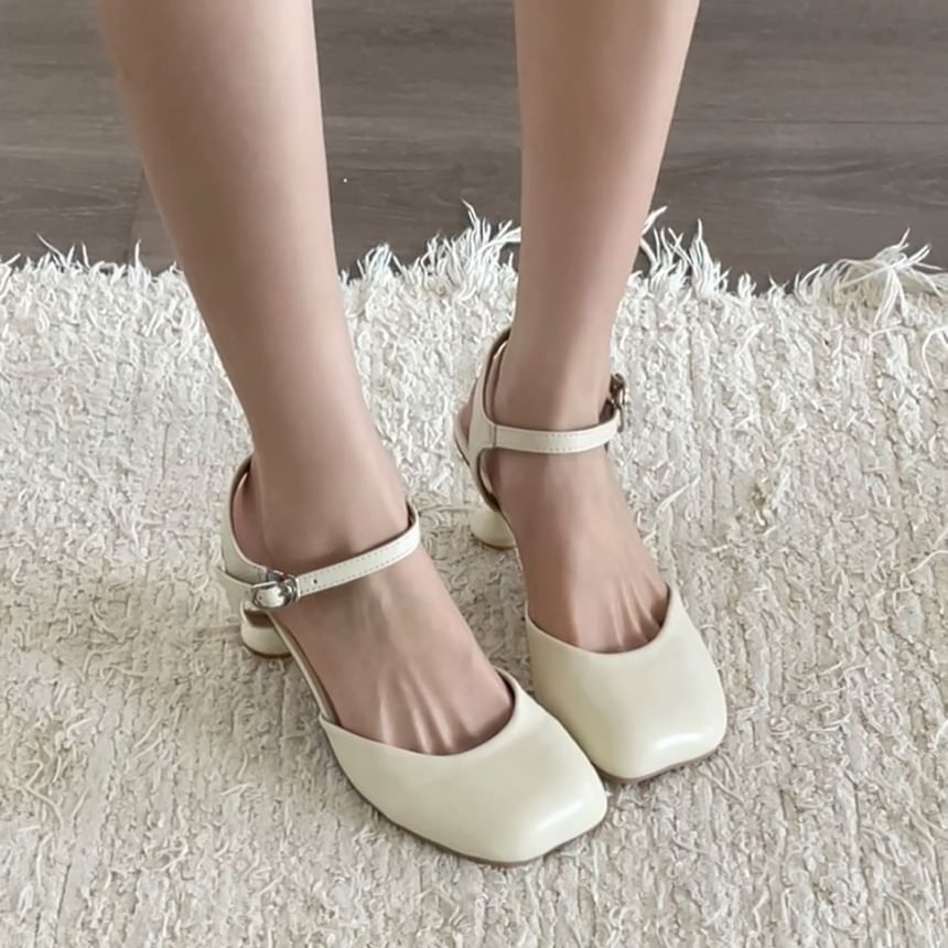 Square Toe Ankle Strap Kitten Heel Faux Leather Pumps