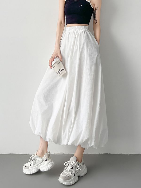 Elastic Waist Midi A-Line Skirt