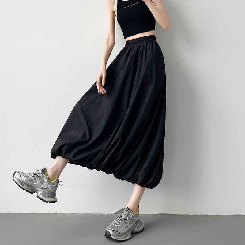 Elastic Waist Midi A-Line Skirt