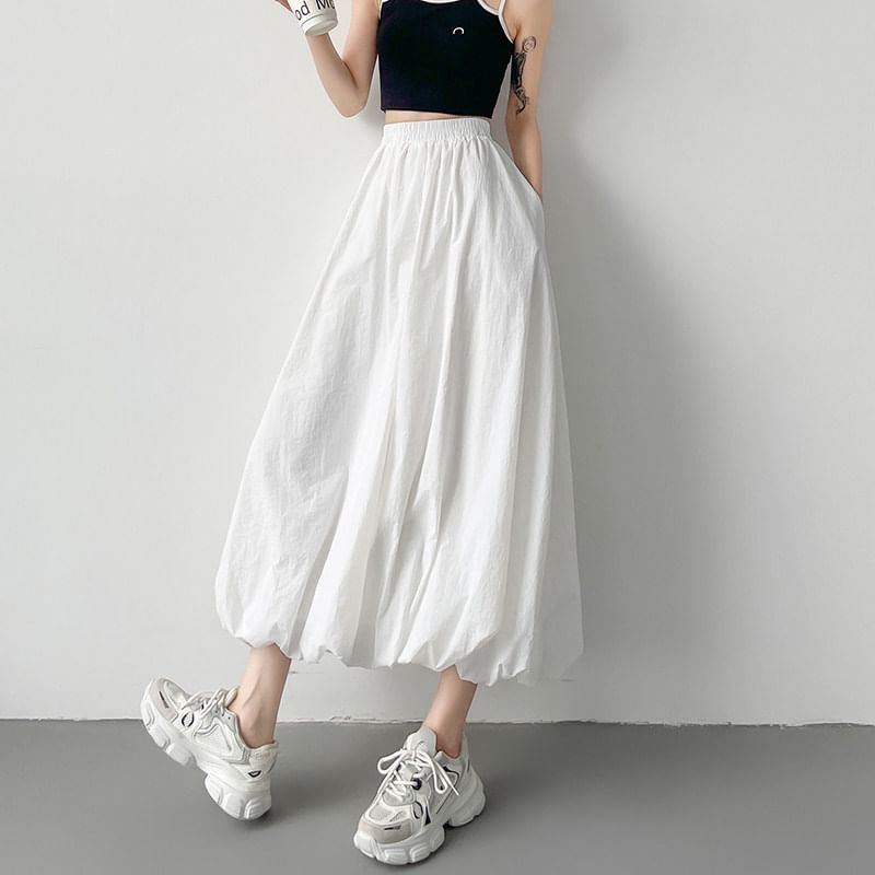 Elastic Waist Midi A-Line Skirt